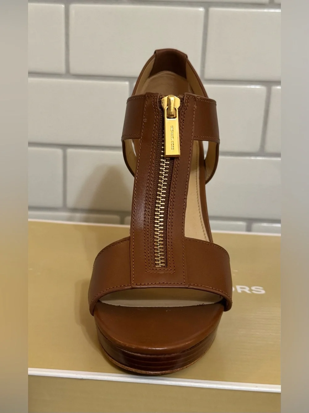 Michael Kors Brown Leather T-Zip Platform Sandal Heels